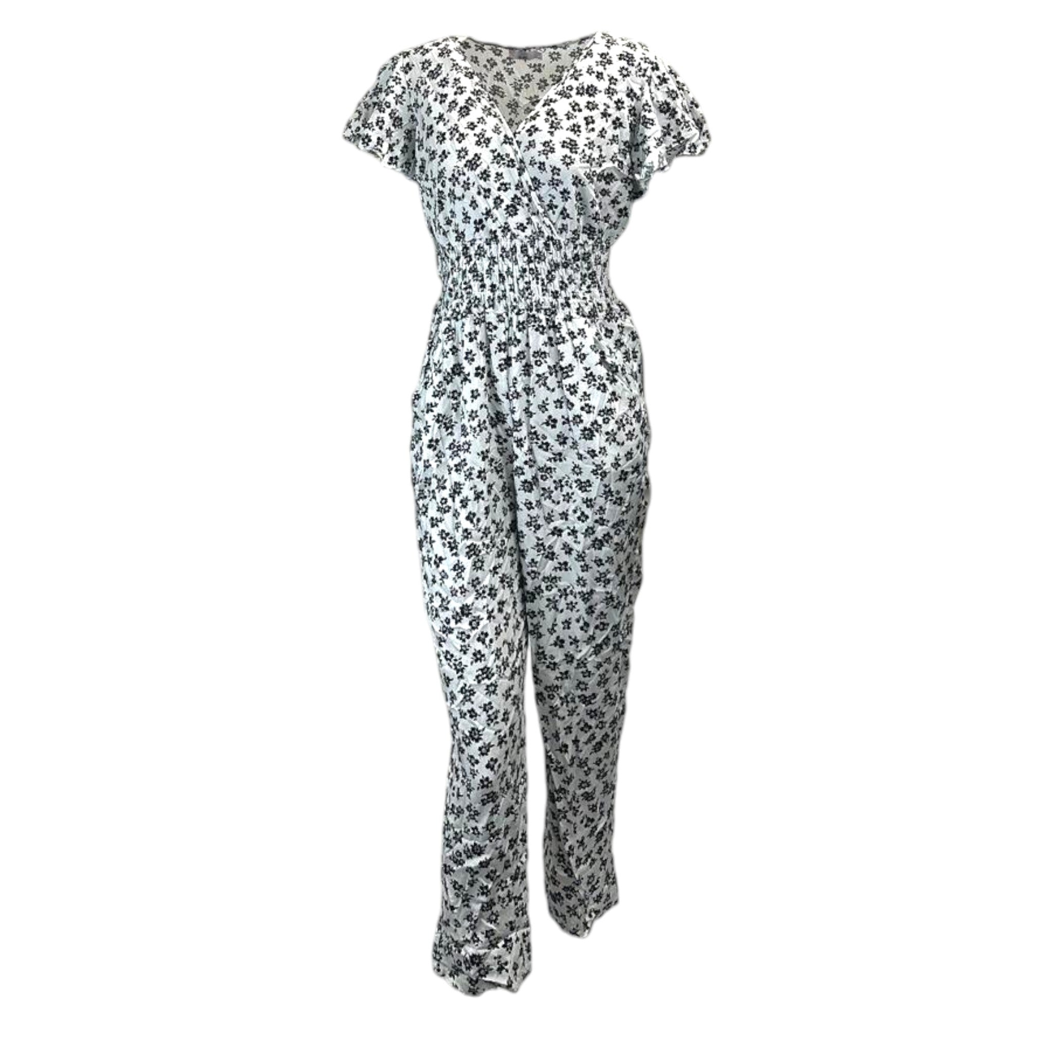Women's floral print jumpsuit in white with short sleeves and shirred waist